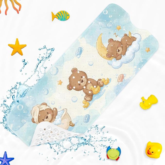 Teddy Bear Cute Bathtub Shower Mat Blue Baby Non-Slip Tub Extra Long Bath Floor 40X16 Inch Machine Washable for Bathroom Tub Bath Mat for Toddler and Baby