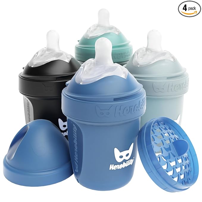 Herobility Anti-Colic Baby Bottles 5 fl oz/140 ml - Pack of 4 Newborn Baby Bottles, Slow Flow Plastic Bottles, Breast-Shaped Teat for Breastfed Babies - Multicolor - Denim, Black, Dusky Green, Gray