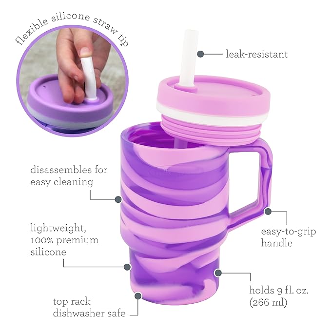 Infantino My 1st Tumbler, 9 Oz. Silicone Sippy Cup with Straw & Handle, Spill-Resistant Baby Cup for On-the-Go, BPA-Free Transition Bottle, Swirl Grape
