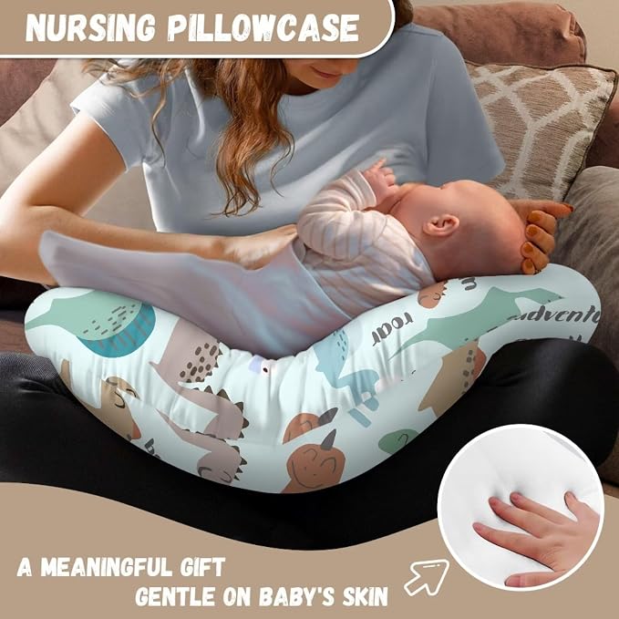 Cartoon Dinosaurs Nursing Pillow Cover for Newborn Mothers,Dual-Sided Nursing Pillow Slipcover Specifically Designed for Original Breastfeeding Support Pillow,Light Blue (Cover Only)