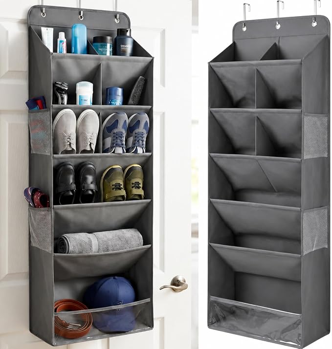 6 Tier Hanging Shoe Organizer – 100D Extra Thick Deep Pockets, Shoe Rack for Closet, Shoe Rack for Entryway, Shoe Organizer for Closet, Over the Door Shoe Organizer with 4 Side Pockets (Dark Gray)