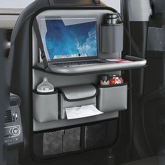 Leather Car Seat Back Organizer with Foldable Tray Table, Backseat Car Organizer with Tablet Pocket, Cup Holders, Tissue Pocket, Mesh Pockets, Kick Mat, Gray, 1 Pack