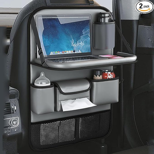 2 Pack Leather Car Seat Back Organizer with Foldable Tray Table, Backseat Car Organizer with Tablet Pocket, Cup Holders, Tissue Pocket, Mesh Pockets, Kick Mat Gray
