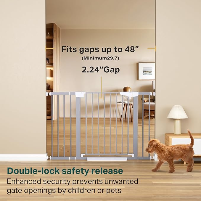 Cumbor 29.7-48" Baby Gate for Stairs, Mom's Choice Awards Winner-Dog Gates for Doorways, Auto Close Safety Pet Gate for Dogs Indoor, Easy Install Pressure Mounted Child Gate with Walk Thru Door, Gray