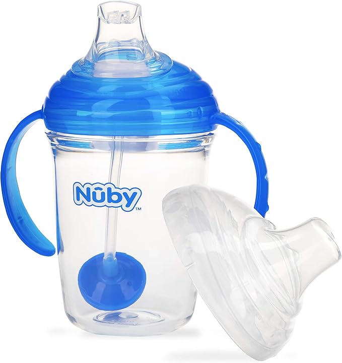 Nuby 360 Grip N' Sip 8oz Tritan Cup, Weighted Straw with Hygienic Cover, Blue