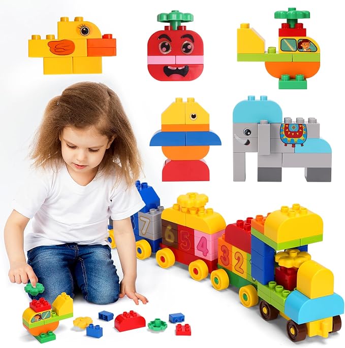 Creative Building Blocks - 116 Pieces Large-Size Blocks, Build Train Animal, Ideal STEM Toy for 3 Year Old Kids