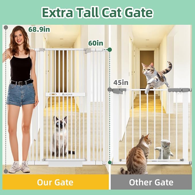60" Extra Tall Pet Gate, 30-40" Wide, Auto Close, White Metal for Stairs & Doorways, Cat Toy Included