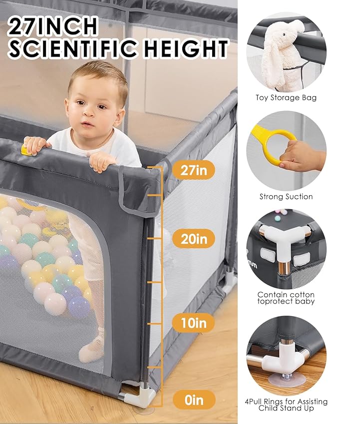 [Upgraded] dearlomum 71"x59" Baby Playpen,Extra Large Playard with Thickened Steel Pipes,Sturdy Soft Mesh Safety Fence for Toddlers(Gray)