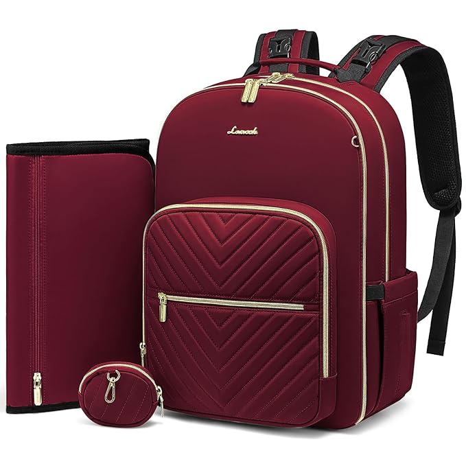 LOVEVOOK Diaper Bag Backpack, Quilted Baby Bag with Changing Pad & Pacifier Holder, Waterproof Travel Diaper Bags for Baby Boys Girls, Stylish and Large Capacity,Wine Red