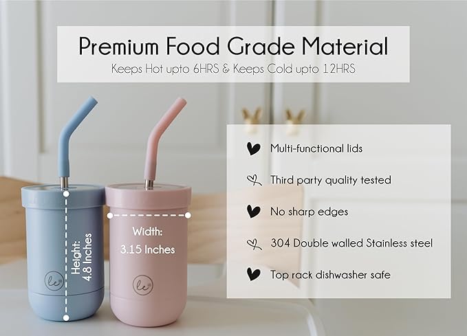 Double walled insulated stainless steel kids & toddler cups with straws and lids | Best Sippy cups with straw for boys 1+ year old | Holds 12oz capacity - On the Go Travel containers