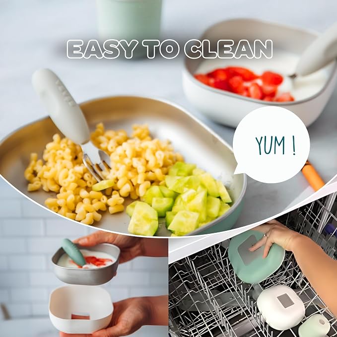 BEABA Stainless Steel Meal Set | Microwave and Oven Safe | Baby Plates Baby Bowls and Cup with Anti-Slip Silicone Cover | Kids Plates Non Toxic, Terracotta