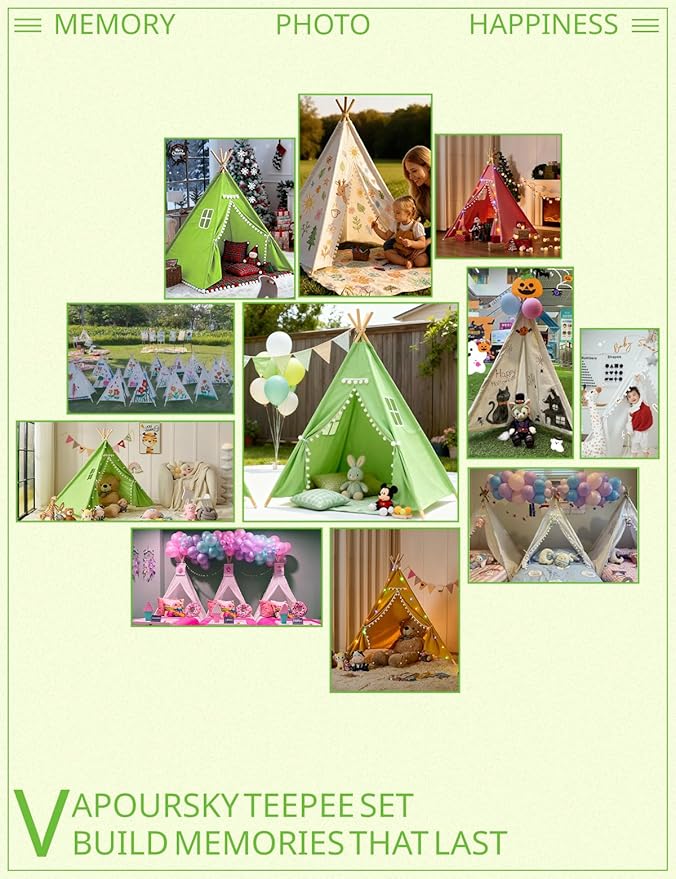 2 Pack Teepee Tent for Kids, Children Play Tents for Girls & Boys Slumber Party, Cotton Linen Playhouse Sleepover Tent with Pompom & Lights