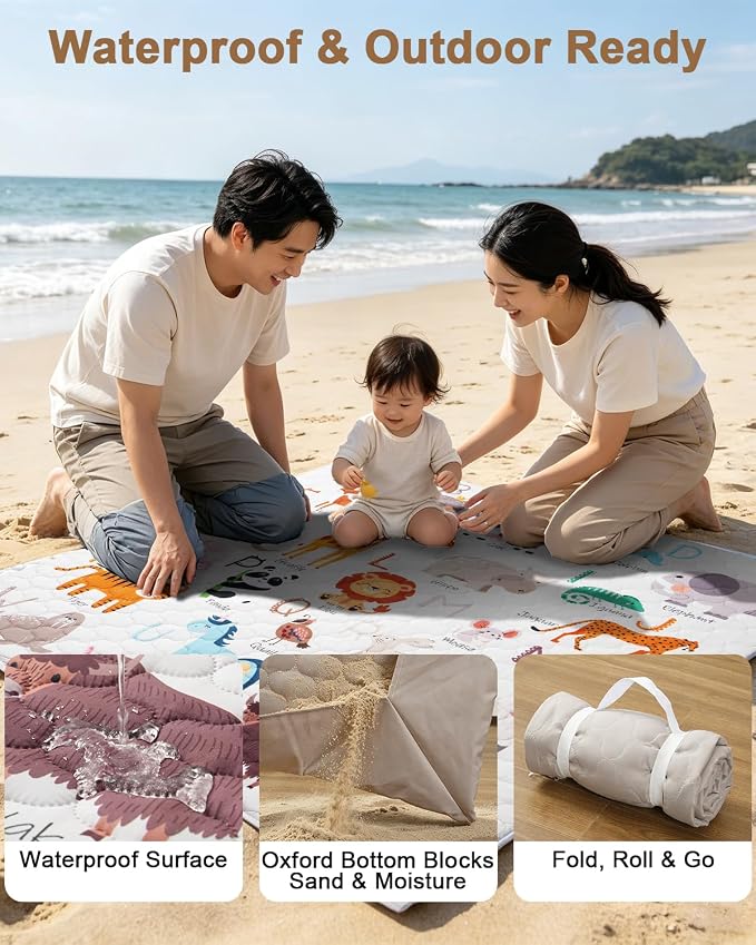 2-in-1 Baby Play Mat Indoor & Outdoor, 50x50in Thick Foam Playpen Mat with Waterproof Removable Cover, Non-Slip Soft Crawling Floor Mat for Infants, Toddlers, Travel, Picnic & Camping, Alphabet