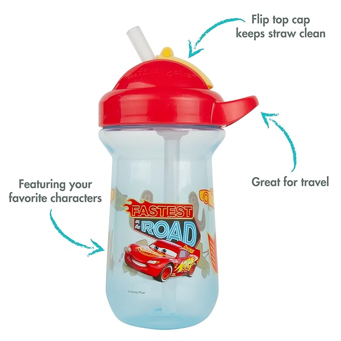The First Years Disney/Pixar Cars Toddler Straw Cup - Spill Proof Flip Top Toddler Sippy Cups - 18 Months and Up - 10 Oz,(Pack of 8)