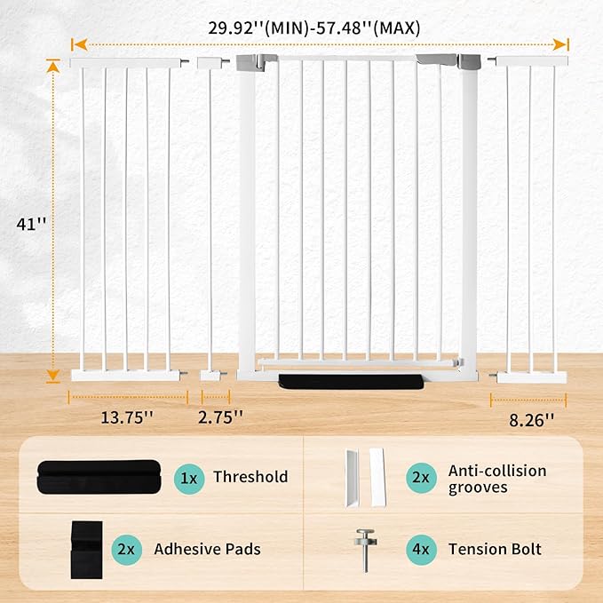 41 Inch Tall Baby Gate Auto Close Dog Gate Adjustable 29.92"-57.48" Wide Pressure Mounted Walk Through Swing Pet Gate for Doorways (White, 29.92"-57.48" Wide)
