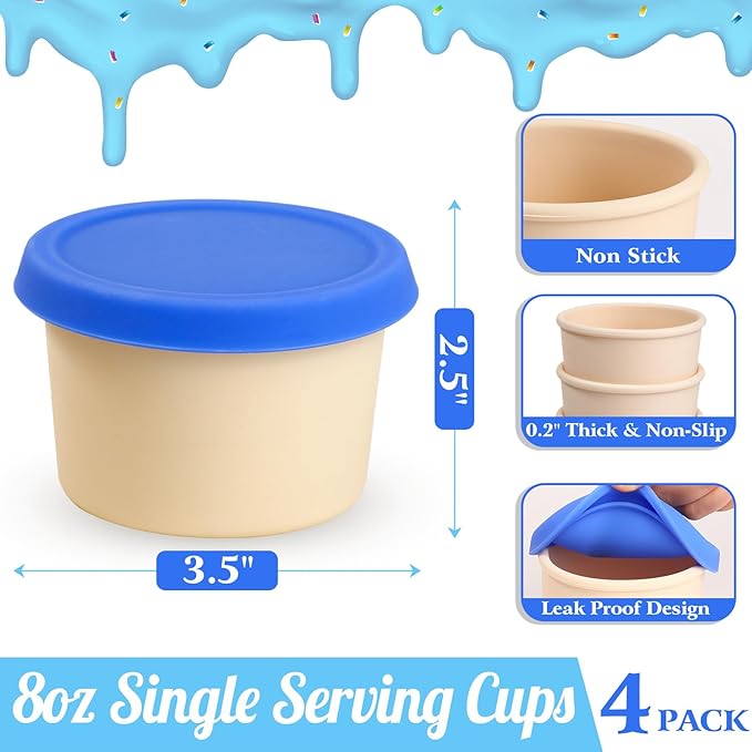 Webake Silicone Ice Cream Containers with Lids, 8oz Homemade Ice Cream Cups Reusable Freezer Storage Containers, Set of 4