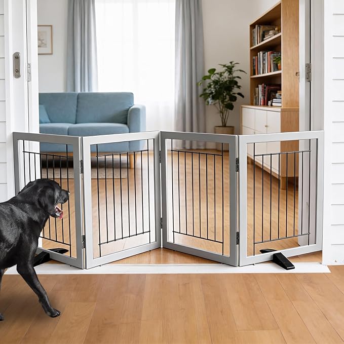 Dog Fence Indoor - 4-Panel Freestanding Dog Gate for Doorways, Hallways, House or Stairs -80x24-Inch Retractable Foldable Expandable Wood Pet by SFJC (Grey)