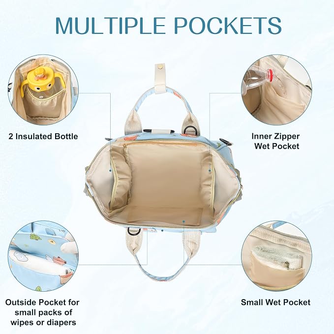 Small Diaper Bag Crossbody, Convertible Mini Diapers Backpack for Stroller, Travel, Small Mommy Daiper Tote with Insulated Pockets, Compact Baby Bag for Mom (Sky Blue Animal)