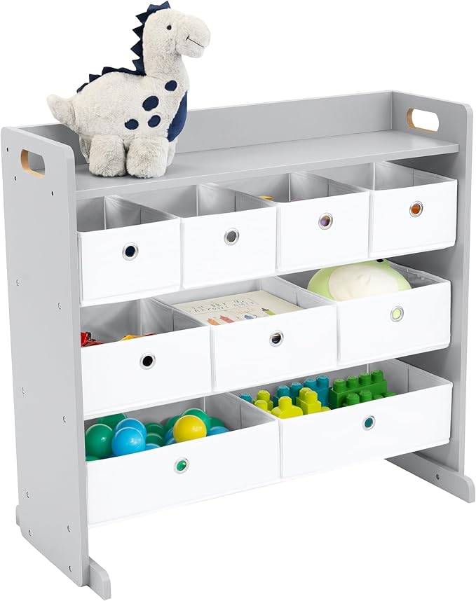 Humble Crew Toy Storage Organizer with Top Shelf and 9 Fabric Bins, Grey/White ??Toddler Bookshelf with Toy Organizer - Modern Toy Rack Ideal for Kids' Rooms, Playrooms, and Nurseries