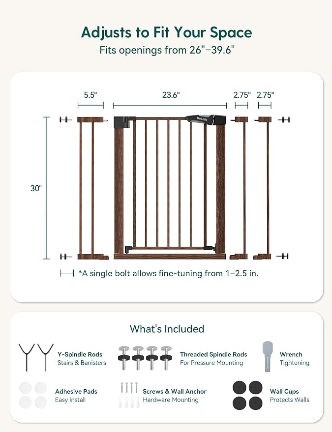 Mom's Choice Award Winner-Babelio 26-40" Metal Baby Gate with Black Wood Pattern, PressGuard C5 Easy Install Pressure Mounted Dog Gate for Stairs and Doorways, with Wall Protectors and Extension Kits
