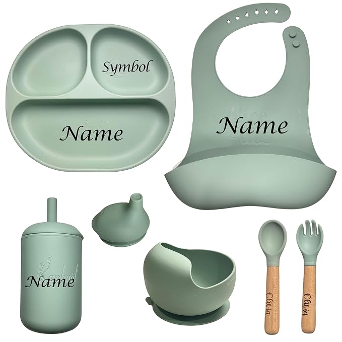 Personalized Silicone Baby Weaning Set,Custom Weaning Set for Toddler,Baby Feeding Set，Suction Plate Bowl Set, Self Feeding Spoons, Bib, Cup, Baby Led Weaning Supplies (Turquoise)