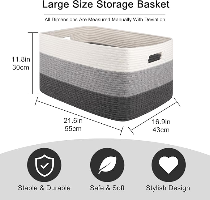 OIAHOMY Large Blanket Basket For Living Room, Rectangle Woven Baskets for Storage, Nursery Toy Storage With Handle-22?�x17?�x12??Gradient Dark Grey