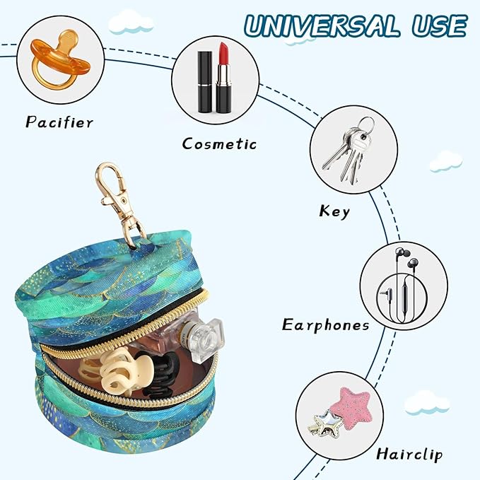 Pacifier Holder with Clip Pacifier Case for Diaper Bag Round Baby Pacifier Pouch Box Bag Portable Watercolor Mermaid Scales Blue