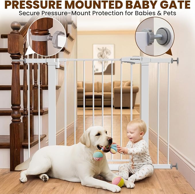 Mumeasy 29-43" Wide Baby Gate for Stairs and Doorways, 30" Tall Pressure Mounted Dog Gate No Drilling, Auto Close Walk Thru Child Safety Gate, Sturdy Metal Pet Gate with Dual Lock, White