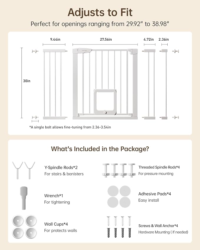 Baby Gate with Cat Door, 29.92-48 ” Wide Baby Gate for Stairs, Pressure Mounted Gate No Drill, Auto Close Dog Gate for Doorways, Easy Walk Through Safety Gates with Pet Door, Indoor, White