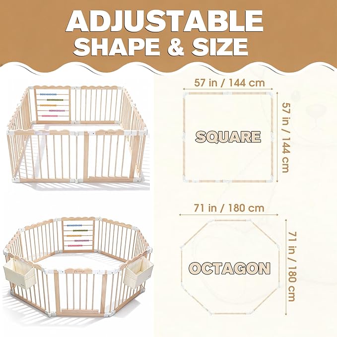M MEEPO Foldable Baby Playpen, 57 x 57 x 25 in, Adjustable Shape & Size Wooden Baby Playpen with 2-Pack Storage Bags, Nature Pine Wood Play Yard for Infant, Toddler, Safety Lock Door, Build in Toys