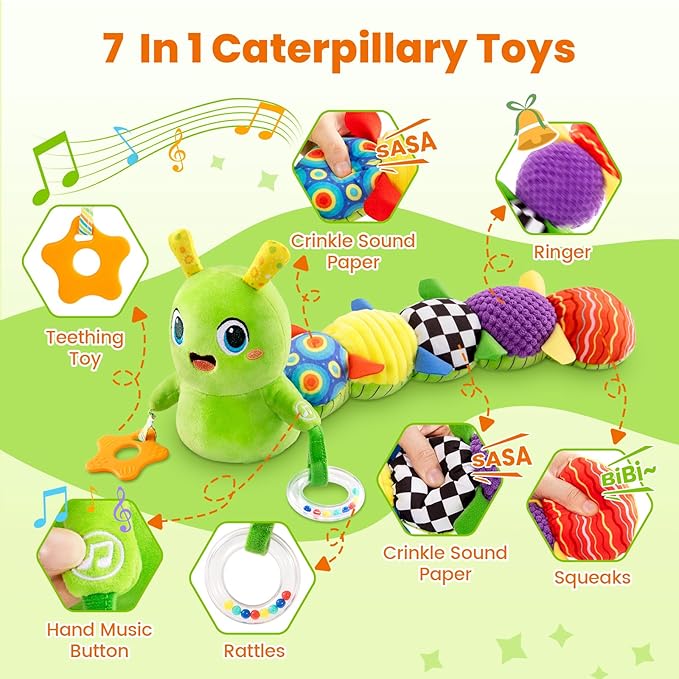 Baby Toys 0-6 Months, Washable Baby Musical Caterpillar Toys with 10 Children's Songs,Rattles,Teething Toys,Suitable for 0-6, 6-12 Months Infant Tummy Time Toy,Newborn Baby Boy&Gril Toy(Green)