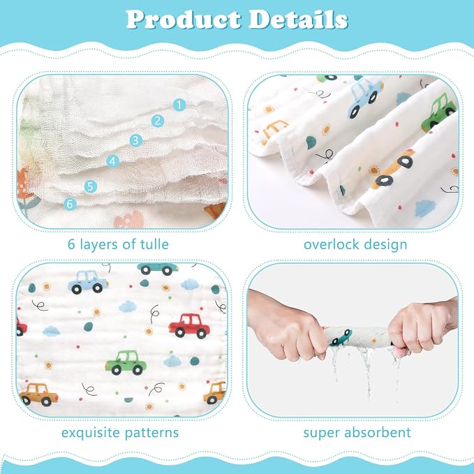 decalsweet Baby Burp Cloths Muslin Washcloths 6 Pack Muslin Burp Cloths 100% Cotton Large 20''x12'' Soft 6 Layers Baby Burp Rags for Boys Girls Baby Essentials for Newborn Gift Machine Washable