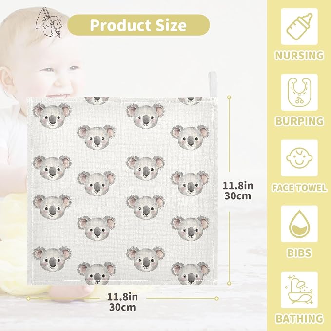 vvfelixl Baby Muslin Washcloths Cartoon Koala Bear Face Baby Burp Cloths Cotton Babys Face Towel for Newborn Infants Boys Girls Soft and Absorbent 11.8 X 11.8 in, 3 Pack