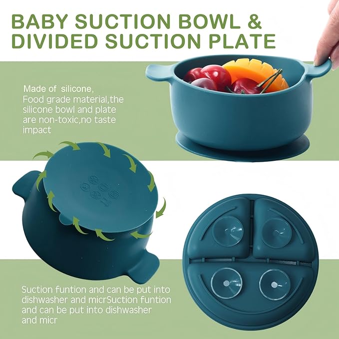 Dandat 24 Pcs Silicone Baby Feeding Set,6 Baby Toddler Suction Bowls 6 Divided Suction Plates with 6 Forks 6 Spoons, Utensils Set for Weaning Infant Feeding and Eating, 6 Styles (Elegant Color)