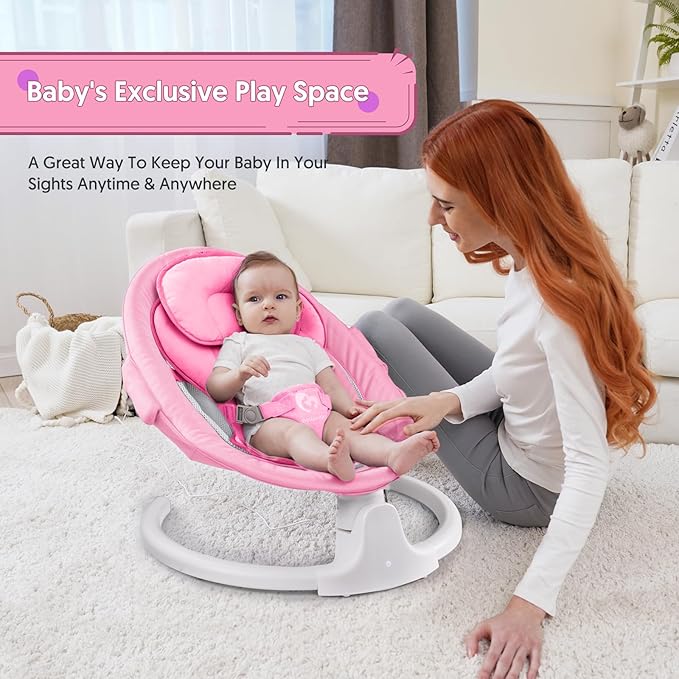 Bluetooth Baby Swing for Infants, Compact & Portable Pink Baby Girl Swing, 3 Seat Positions, 5 Swing Speed, 10 Music, Remote Control, Plug-in Power, Reversible Cushion, mecedora eléctrica para Bebe