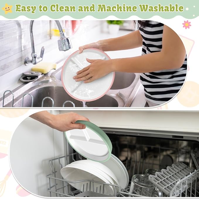 Domensi 4 Sets 8 Inch Kids Porcelain Plates with Silicone Suction Sleeve Antislip White Ceramic Divided Toddler Plates Microwave Dishwasher Safe for Baby Children Feeding Supplies (Cyan,Pink)