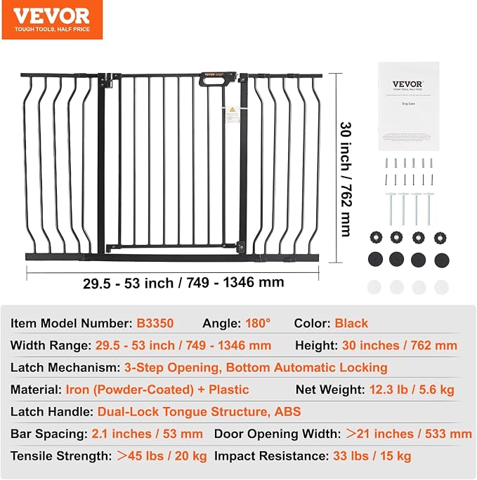 VEVOR Baby Gate, 29.5"-53" Extra Wide, 30" High, Dog Gate for Stairs Doorways and House, Easy Step Walk Thru Auto Close Child Gate Pet Security Gate with Pressure Mount Kit and Wall Mount Kit, Black