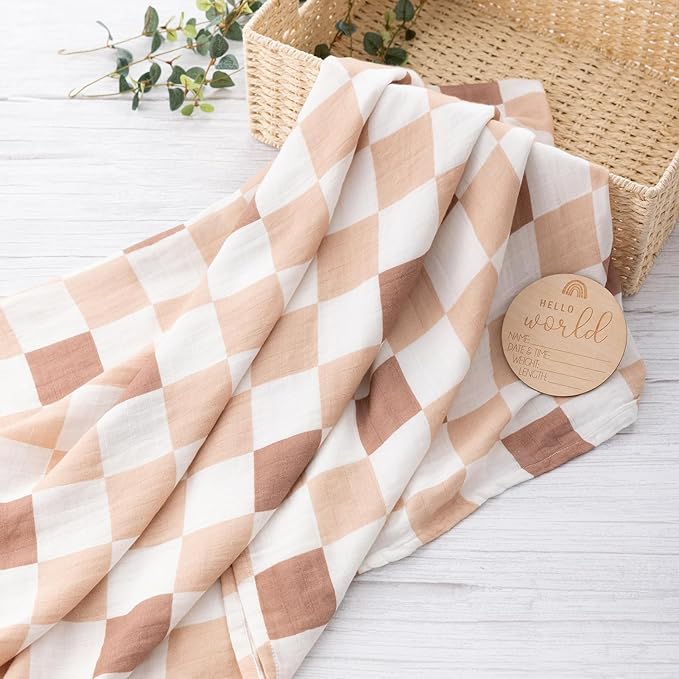 BabyWhale Muslin Swaddle Blankets for Boys & Girls Unisex, 2-Pack Viscose from Bamboo Cotton Large Baby Swaddle Blankets (47" x 47"), Bear & Checkered Coffee Pattern