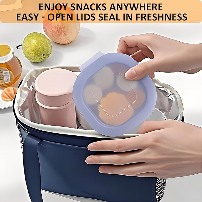 4 Pack Reusable Translucent Silicone Snack Containers with attached Lids,Leak-Proof Snack Box Cheese Containers, Egg Poacher Cups for Sqaure Breakfast Egg