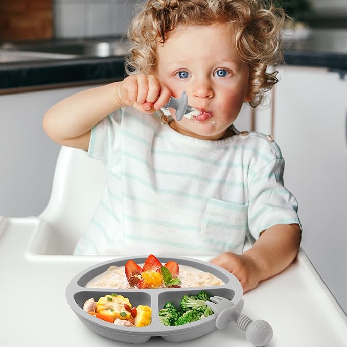 Eascrozn Silicone Baby Utensils, 2 Pack Divided Suction Plates for toddlers, 2 Pack Toddler Forks and Spoons Set, Baby Led Weaning Feeding Supplies, BPA Free, Microwave and Dishwasher Safe