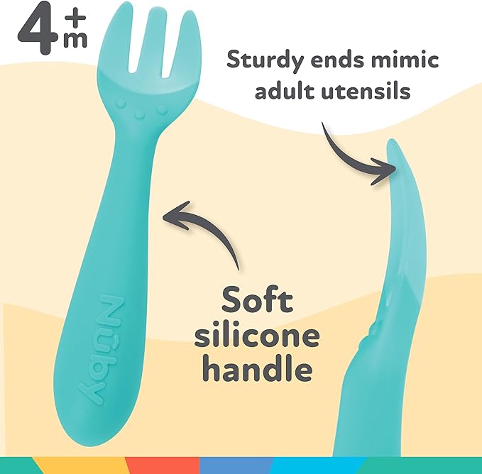 Nuby Silicone Easy Grip Fork & Spoon Set, 12+m in Aqua