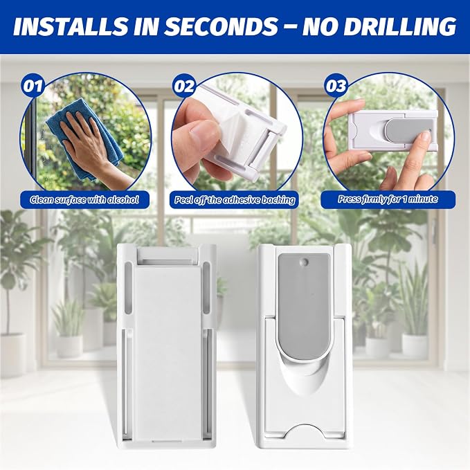 Sliding Door Lock 4 Pack – White Child Safety Sliding Glass Door Lock, No-Drill Adhesive Lock for Windows, Closets & Patio Doors, Baby Proof Stopper for Home Security