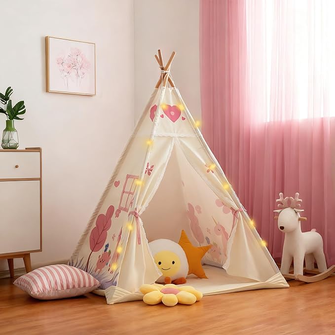 Teepee Tent for Kids, Play Tent with Padded Mat & Star Lights, Indoor Play Tent for Girls & Boys, Pink Unicorn