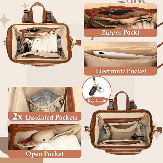 Omanmoli Small Diaper Bag Mini Diaper Bag Backpack Leather Diaper Bag With 12 Pockets Baby Travel Bag,2 Insulated Pockets,USB Charging Port,Stroller Straps,Brown