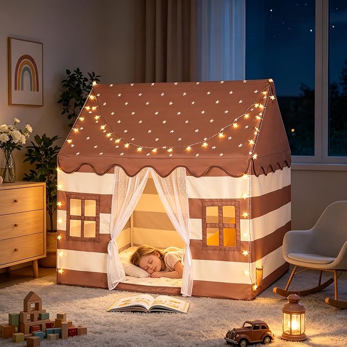 Large Kids Tent Indoor with Padded Mat & Star Lights, Playhouse for Ages 3-8, Play Tent Indoor Outdoor, Reading Nook, Role Play Kids Toys, Toddler Tent for Boys Girls Birthday Gift