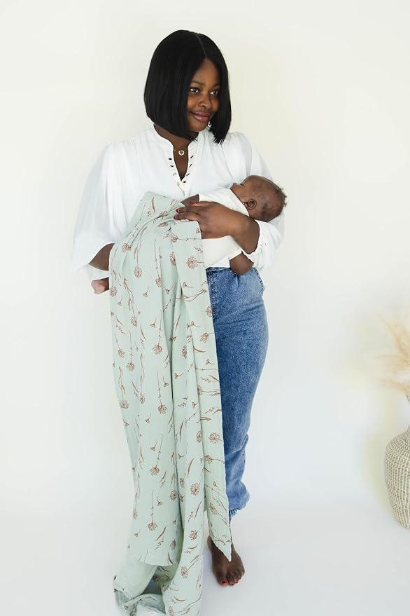 Leyl&Ari Muslin Swaddle Baby Blanket | 100% Organic Cotton Receiving Wrap (Wildflowers/Blue)