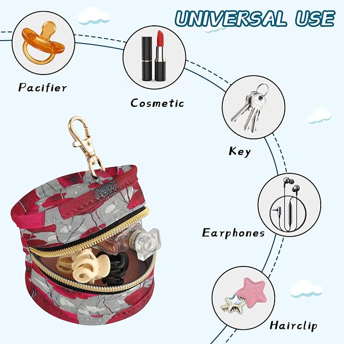 Pacifier Holder with Clip Pacifier Case for Diaper Bag Round Baby Pacifier Pouch Box Bag Portable Grey and Red Vintage Poppy Flowers01
