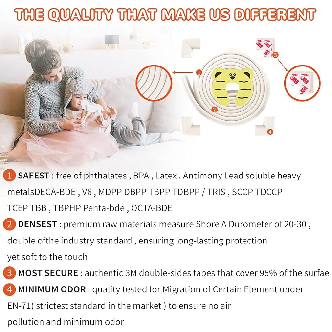 Baby Proofing Edge and Corner Guards, Safety 3M Pre-Taped Furniture Bumper, Rice White, Heavy-Duty (Rice White, 6.5 Feet + 4 Corner)