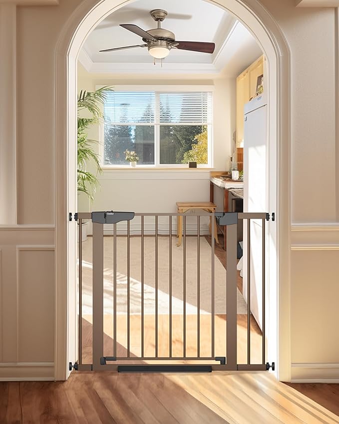 Cumbor 29.7-40.6" Baby Gate for Stairs, Mom's Choice Awards Winner-Dog Gate for Doorways, Pressure Mounted Auto-Close Pet Gates for Dogs Indoor, Safety Child Gate with Easy Walk Thru Door, Brown