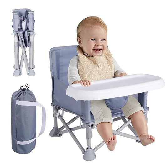 Portable Baby Booster Seat with Tray, Toddler Booster seat for Dining, Camping, Travel, Baby Beach Chair 6 Months to 3 Years Old Indoor Outdoor Use Grey